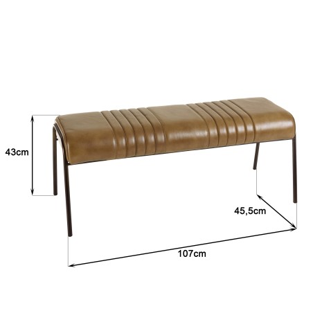 Brown leather upholstered bench with steel legs
