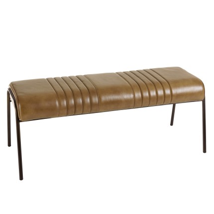 Brown leather upholstered bench with steel legs