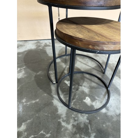 SECOND HAND - Set of 3 Round Brown Side Tables - Recycled Teak Acacia Mahogany Black Metal Legs SIXTINE