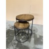 SECOND HAND - Set of 3 Round Brown Side Tables - Recycled Teak Acacia Mahogany Black Metal Legs SIXTINE
