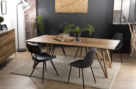SECONDE MAIN - Table à manger rectangulaire 220x100cm bois teck recyclé pieds croisés teck