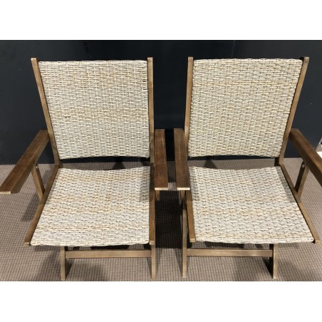SECONDE MAIN - Ensemble de 2 fauteuils de jardin pliants en bois Acacia et rotin synthétique