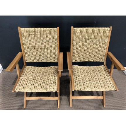 SECONDE MAIN - Lot de 2 fauteuils pliants acacia huilé et rotin synthétique