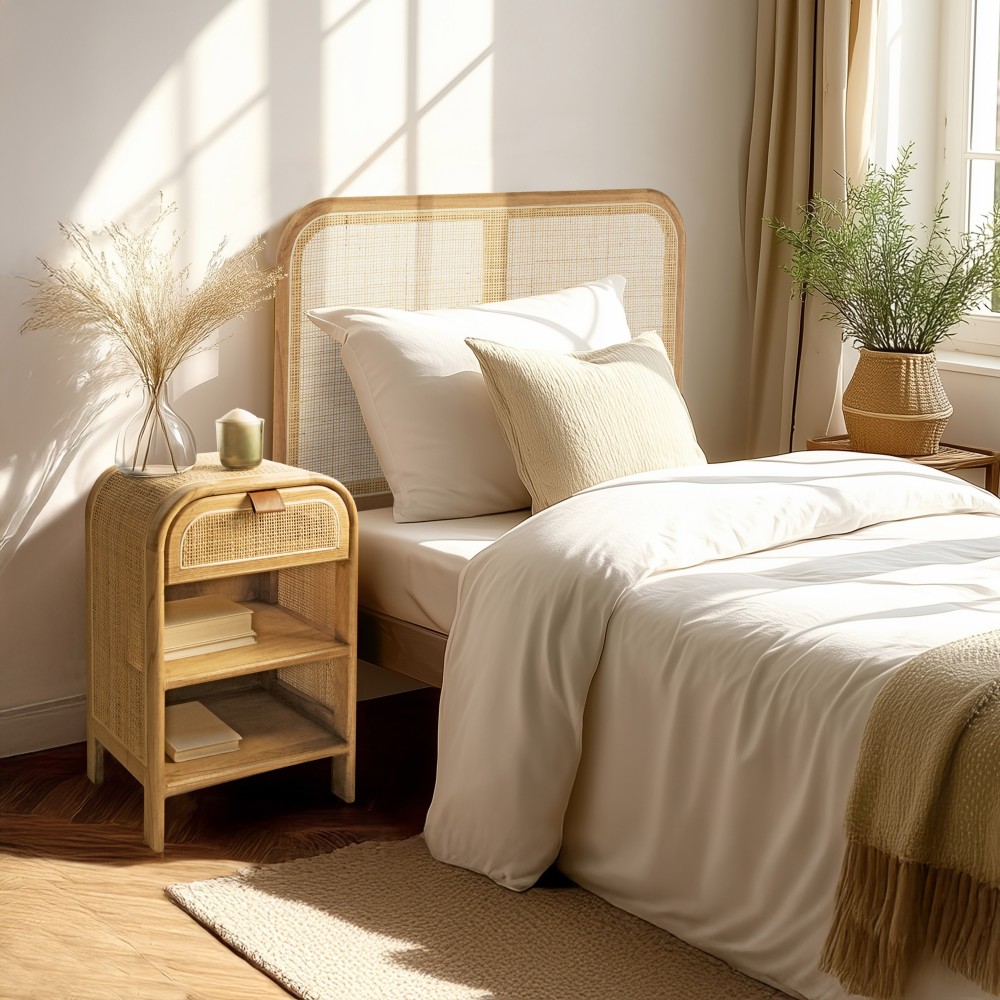 Rounded wooden and rattan bedside table with 1 door | Amy Collection Rounded wooden and rattan bedside table with 1 door | Amy Collection