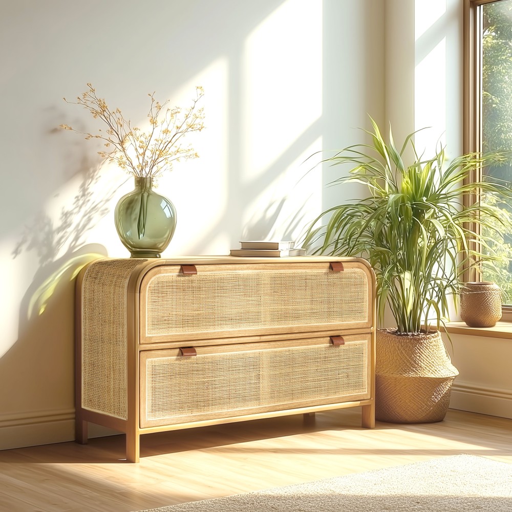 Rounded chest of drawers in wood and natural rattan - 2 drawers | Amy Collection Rounded chest of drawers in wood and natural rattan - 2 drawers | Amy Collection