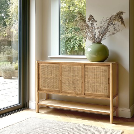 2-shelf, 3-door sideboard in mindi wood and natural rattan | Amy Collection