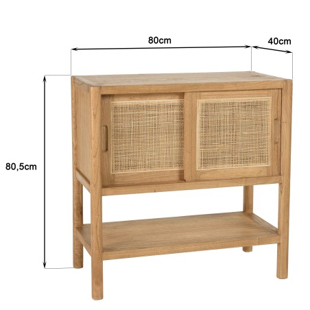 Sideboard with 2 shelves and 2 sliding doors in mindi wood and natural rattan | Amy Collection
