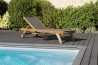 Taupe-coloured textilene sun lounger in teak | SECOND-HAND Taupe-coloured textilene sun lounger in teak | SECOND-HAND