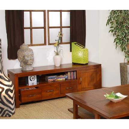 Meuble TV LORINE - Bois Mindi 3 tiroirs
