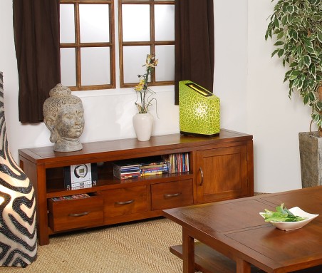 LORINE Low TV Stand - Brown Mindi Wood - 3 Drawers