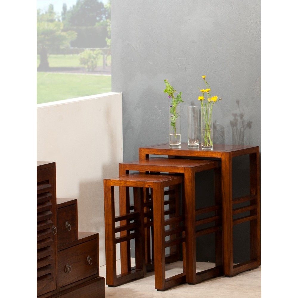 LORINE Nesting Tables - Set of 3 Rectangular Tables in Brown Mindi Wood LORINE Nesting Tables - Set of 3 Rectangular Tables in Brown Mindi Wood