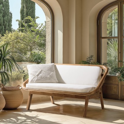 2-seater sofa with white cushions, wood and rattan | Second Hand