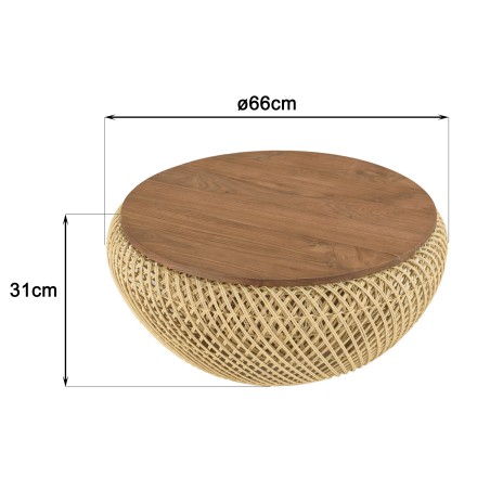 Table basse ronde diam68 plateau bois teck recyclé rotin beige | Seconde Main