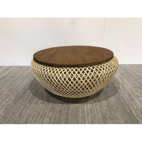 Table basse ronde diam68 plateau bois teck recyclé rotin beige | Seconde Main