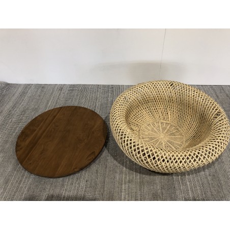 Table basse ronde diam68 plateau bois teck recyclé rotin beige | Seconde Main