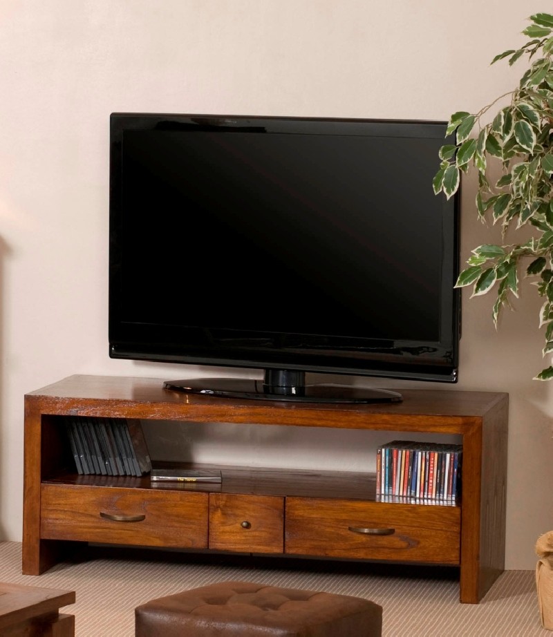 Meuble TV LORINE - Bois Mindi - 2 grands tiroirs