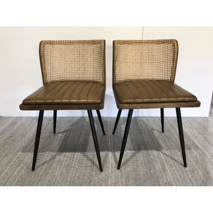 Lot de 2 chaises assise cuir dossier bois de manguier / rotin | Seconde Main