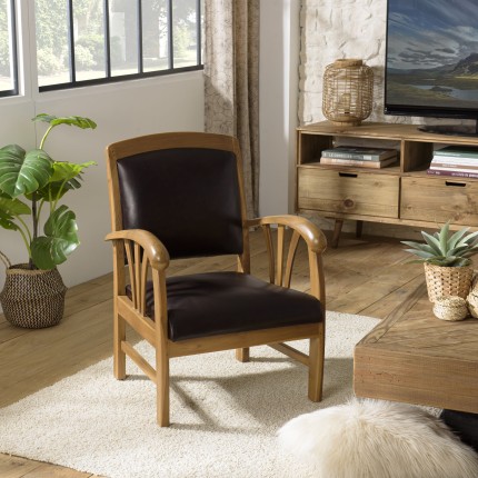 Teak wood and brown leather armchair | SECOND-HAND