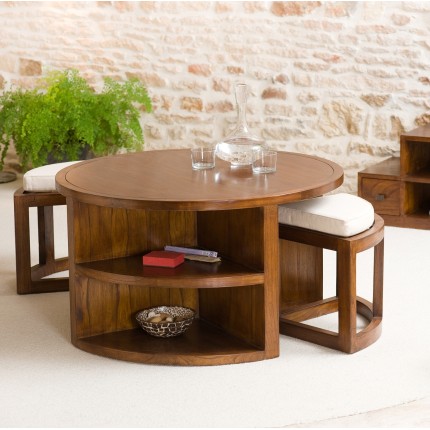 LORINE Brown Round Coffee Table with 2 Stools