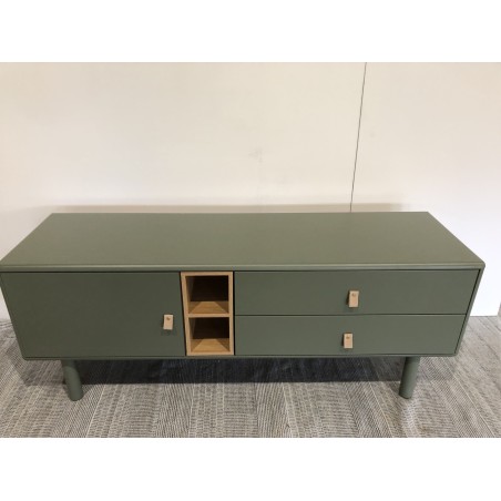 Meuble TV 1 porte, 2 tiroirs et 2 niches en bois vert | Seconde Main
