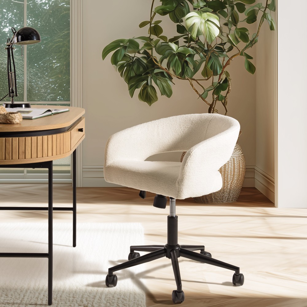 Office chair with castors in ecru fabric with open backrest | Mina Collection