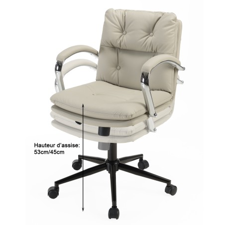 Chaise de bureau à roulettes cuir matelassé beige dossier carré | Collection Mina