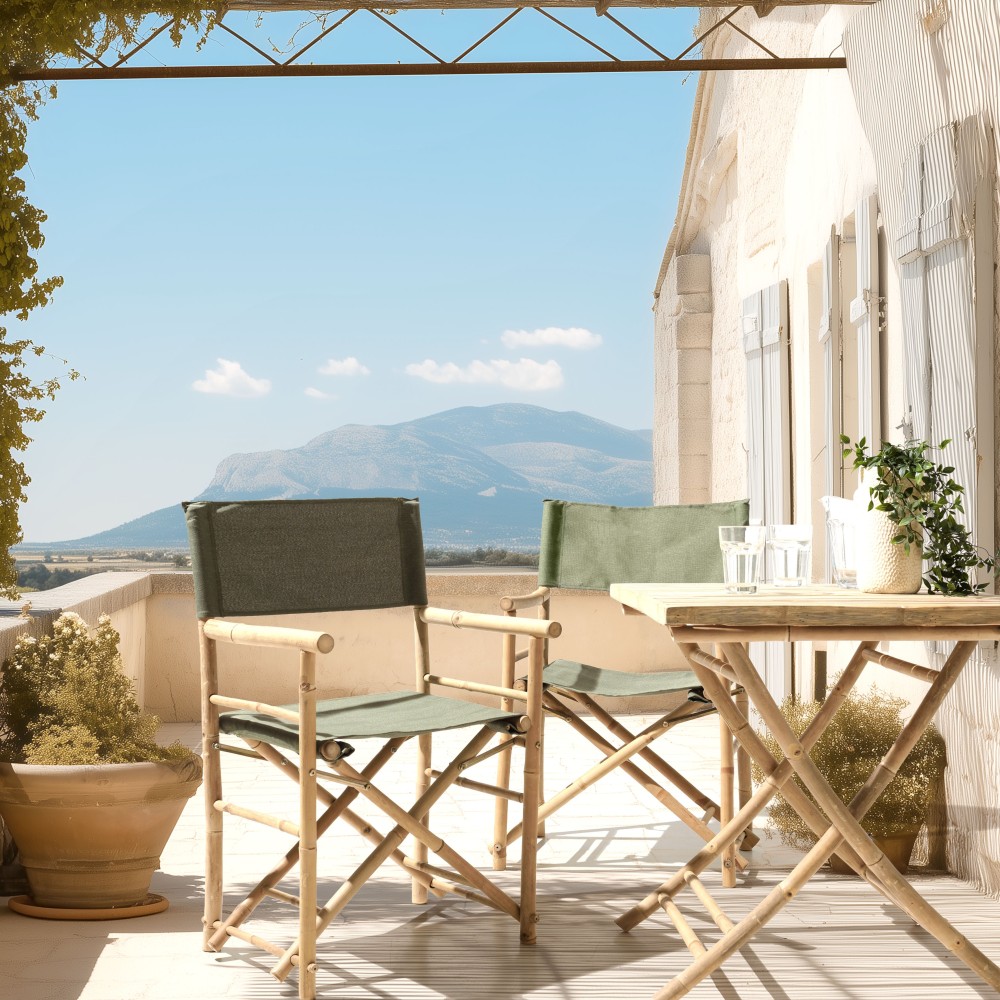 Set of 2 folding chairs in bamboo and green fabric | Macabane Furniture