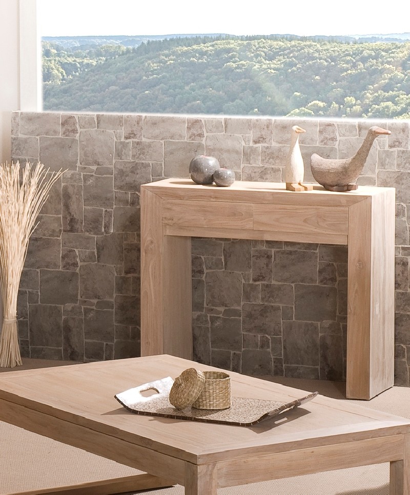 INES - Modern Console 2 Drawers Teak Wood Whitewashed