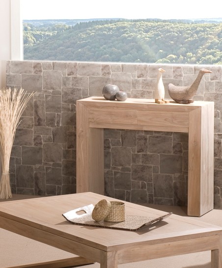 Console moderne 2 tiroirs bois teck blanchi INES