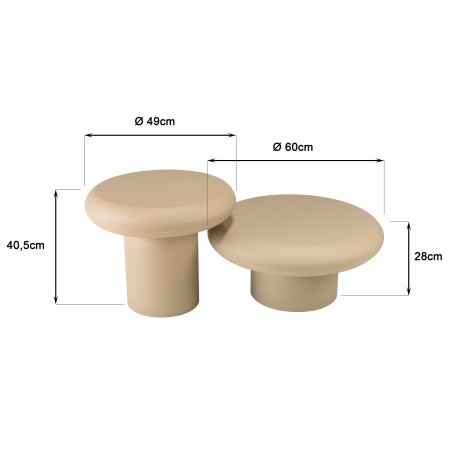 Set of 2 mushroom-shaped coffee tables in matt beige iron | Hortense Collection
