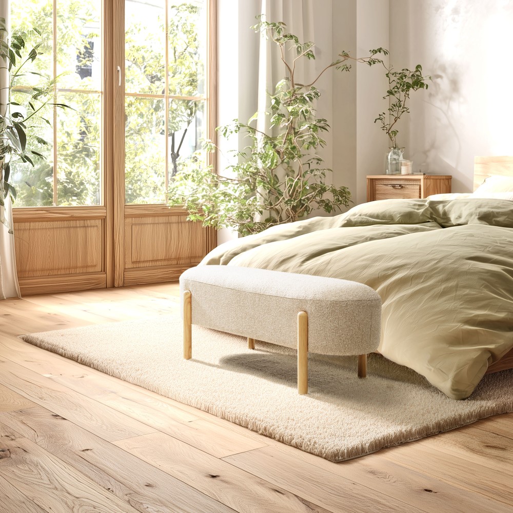 Beige wool-effect fabric bench with wooden legs | Leopold Collection