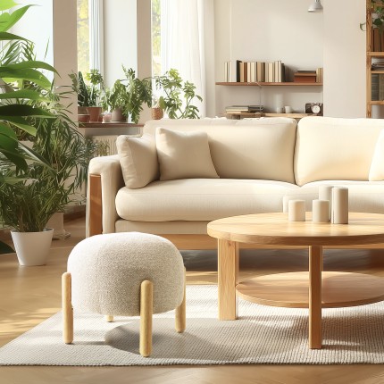 Beige wool-effect fabric pouffe with wooden legs | Leopold Collection