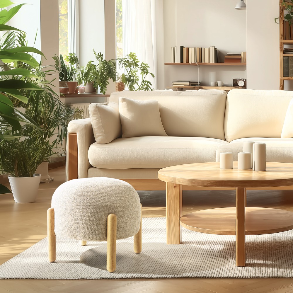 Pouf en tissu effet laine beige et pieds bois | Collection Leopold