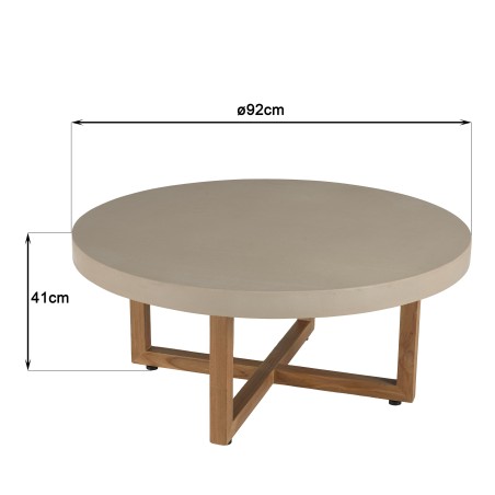 Table basse ronde 92x92cm en béton et bois de teck beige | Seconde vie