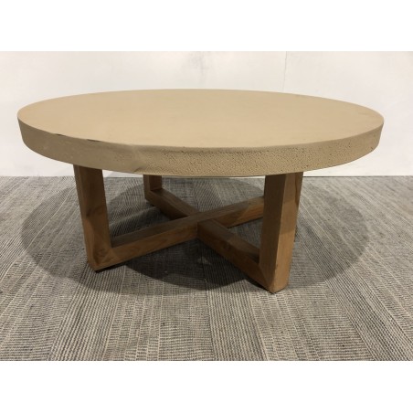 Table basse ronde 92x92cm en béton et bois de teck beige | Seconde vie
