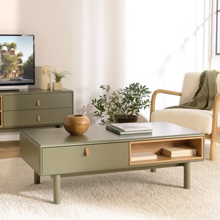 Coffee table with 2 drawers and 2 compartments in natural green wood | Second-hand