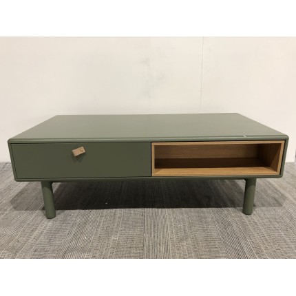 Coffee table with 2 drawers and 2 compartments in natural green wood | Second-hand