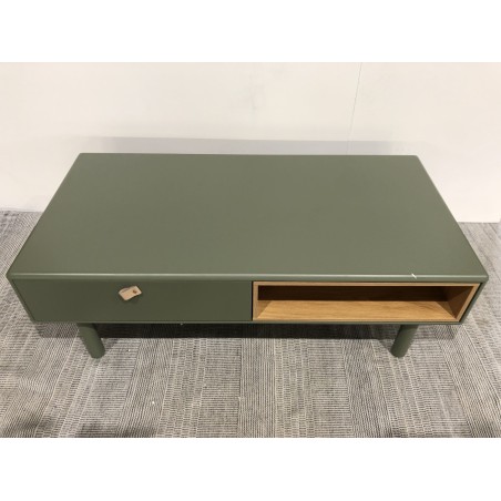 Coffee table with 2 drawers and 2 compartments in natural green wood | Second-hand