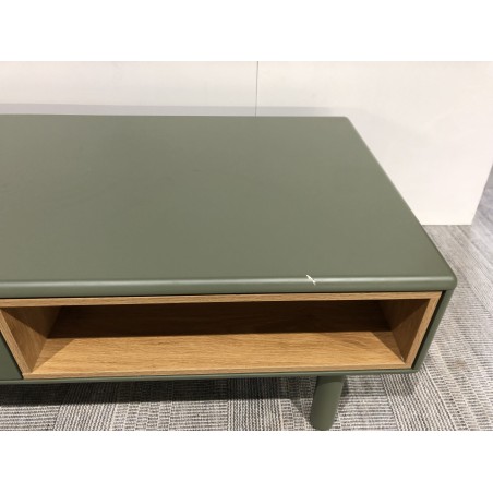 Coffee table with 2 drawers and 2 compartments in natural green wood | Second-hand