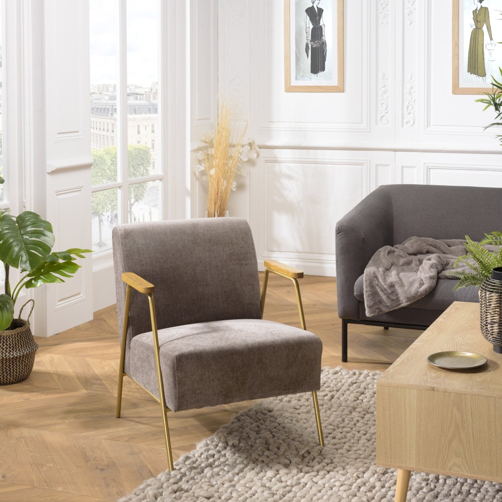 Fauteuil lounge pieds doré accoudoirs bois et tissu taupe | Seconde Main