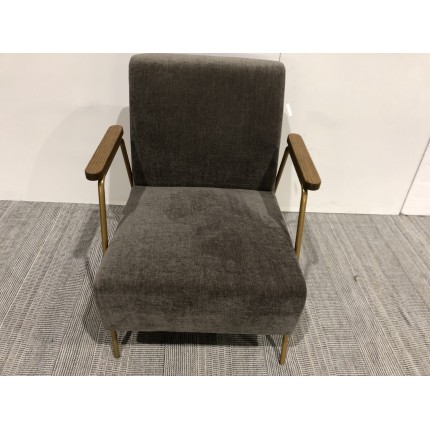 Lounge chair with golden legs, wooden armrests and taupe fabric | Second Hand