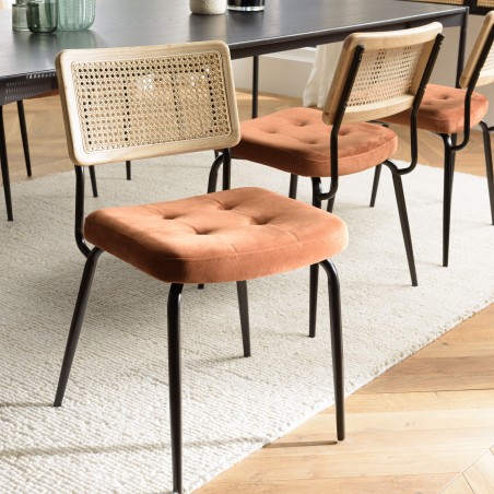 Chaise dossier rotin assise velours orange  | Seconde Main