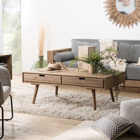 SECOND-HAND - Brown rectangular Scandi coffee table with 4 wooden drawers