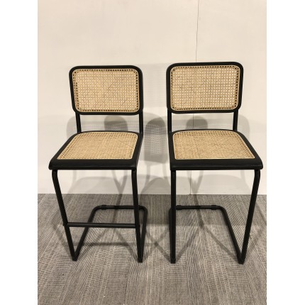 Set of 2 black wood and natural rattan island stools with metal legs | Second Hand