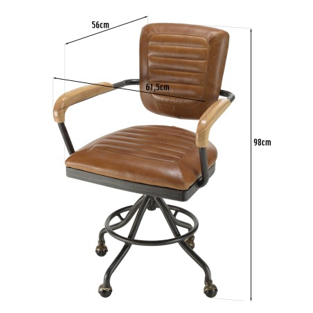 Fauteuil vintage cuir marron et métal à roulettes noir | Seconde Main