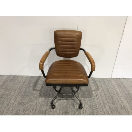 Vintage brown leather and black metal armchair with castors | Second-hand