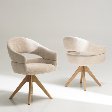 Swivel chair in beige fabric with rounded backrest, wooden legs | Ugo Collection