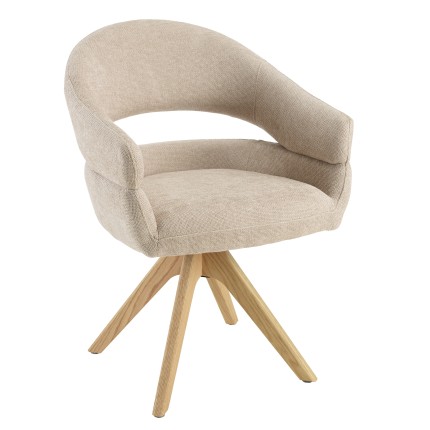 Chaise pivotante en tissu beige dossier arrondi, pieds bois | Collection Ugo