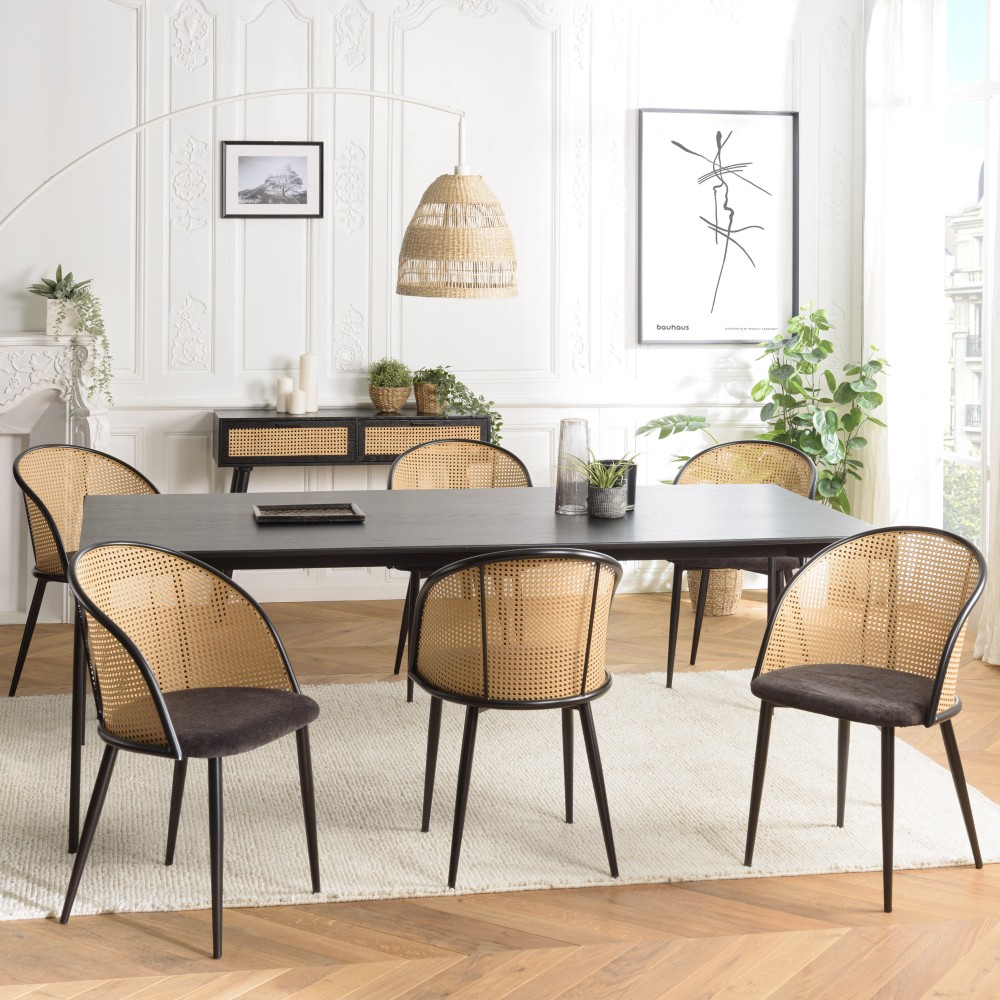 SECONDE MAIN - 2 fauteuils tissu noir dossier arrondi effet cannage