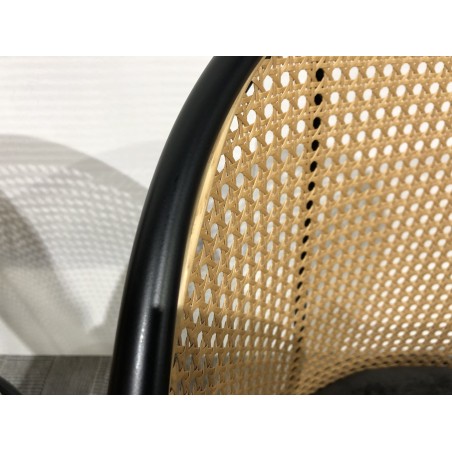 SECOND-HAND - 2 black fabric armchairs with rounded backs and cane effect